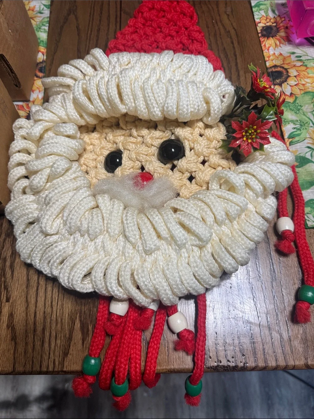 Handmade Crochet Santa Face Wall Hanging - Cream & Red